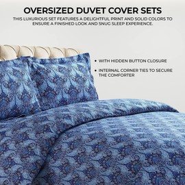 Azores Home Cotton Flannel King Duvet Cover Set, Oversized, Wrinkle Resistant, Soft Touch, Includes One Duvet Cover and Two Sham Pillowcases, 170GSM, Sofi Paisley/Dark Blue