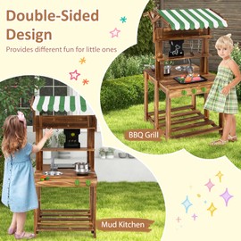 Costzon Mud Kitchen, Double-Sided Outdoor Play Kitchen & Barbecue Grill Playset with Canopy, Chalkboard, Sink & Faucet, Cooking Accessories, Gift for Boys & Girls 3+ (Double-Sided)