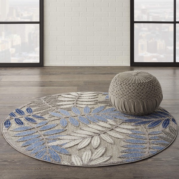 Nourison Aloha Indoor/Outdoor Grey/Blue 4' x Round Area Rug, Easy Cleaning, Non Shedding, Bed Room, Living Room, Dining Room, Backyard, Deck, Patio (4 Round)