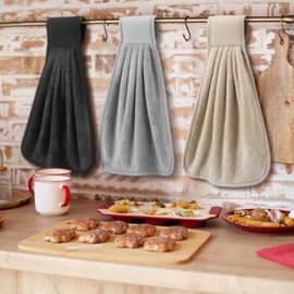Breling 6 Pcs Kitchen Hanging Towel with Hanging Loop Absorbent Coral Fleece Kitchen Tie Towels Black Gray Beige Bathroom Dish Cloth Soft Thick Dry Cleaning Hand Dishcloths for Home Bathroom Cooking