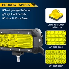 RIGIDON 12 Inch 180W Amber Light Bar, Triple Row Flood Spot Combo 18000LM LED Light Bar Waterproof Driving Boat Road LED Work Light for ATV UTV Truck