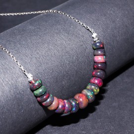 Natural Mix Fire Black Ethiopian Opal Gemstone Big Beads Bar Dainty Necklace Women Jewelry Birthstone Gift for Healing Crystals Jewellery in Rhodium Plated 925 Sterling Silver Chain 45 cm