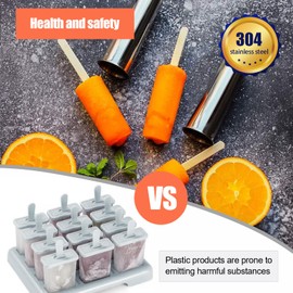 Stainless Steel Popsicle Molds, Set of 6 Ice Cream Maker, Ice Pop Molds With Holder, Metal Reusable Homemade Popsicle Molds with Sticks and Bags (Round Cup, No Slot)