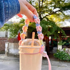 Handcrafted Crochet Cup Holder with Adjustable Strap – Eco-Friendly Pastel Floral Vibe Beverage Carrier for Mugs, 500ml Drinkware  Gift for Women - style: purple pink