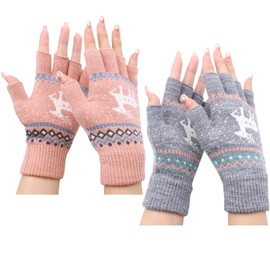ZYNERY 2 Pairs Half Finger Gloves Women's Winter Gloves Women's Thermal Fingerless Gloves Knitted Warm Fingerless Touch Screen Typing Used for Outdoor Sports, Driving,Office (grey pink)
