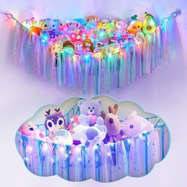 Stuffed Animal Net or Hammock with LED Light, KoHuiJoo Stuffed Toy Hammock Net Hanging Stuffed Animal Storage Organizer Holder Room Décor with Tassels for Nursery Play Room Kids Bedroom (Blue)