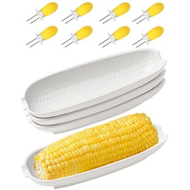 Ceramic Corn Cob Holders, 9" Corn on the Cob Dishes Set of 4, White Corn Cob Dishes with Non-Slip Bottom, With 8 Corn Cob Holders, Microwave Dishwasher Oven Safe