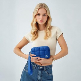 DOYOGI Quilted Cosmetic Bag, Puffer Makeup Bags,Crossbody Purses for women,Cute Travel Toiletry Bag for Women, Blue, Cute, Fashionable