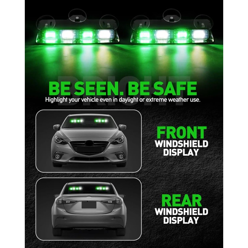 Emergency Dash Strobe Lights Green White Safety Flashing Warning Hazard