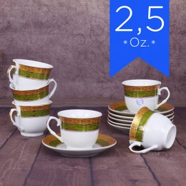 Luxury Espresso Coffee Set Gold Roses 6 Cups 6 Saucers in Gift Box (Green Ring)