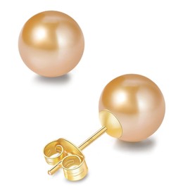 BAMIKI Round Akoya Pearl Stud Earrings (6-6.5mm) in Cultured Golden Pearls with 925 Sterling Silver, Hypoallergenic - Luxurious Jewelry Gift for Women on Anniversary, Birthday, or Mother's Day