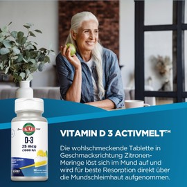 KAL Vitamin D-3 | 25mcg | 100 Lutschtabletten | 1000 i.E. ActivMelt™ | glutenfrei | ohne Gentechnik | laborgeprüft | Nahrungsergänzungsmittel mit Vitamin D3 | normale Funktion des Immunsystems