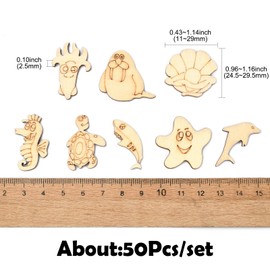 Stiesy 50 Pcs Ocean Animal Theme Unfinished Blank Wooden Slices for Craft Ocean Creature Wood Cutouts Shapes Pieces Sharks Octopuses Starfish Turtles Shape Wood Discs Slices for Card Making Home Decor