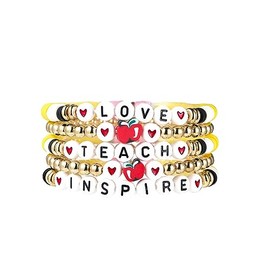 COLORFUL BLING Teacher Appreciation Bracelets Solf Clay Love Teach Inspire Letter Beaded Teacher Bracelets Teacher Gift for Women-5Pcs Apple