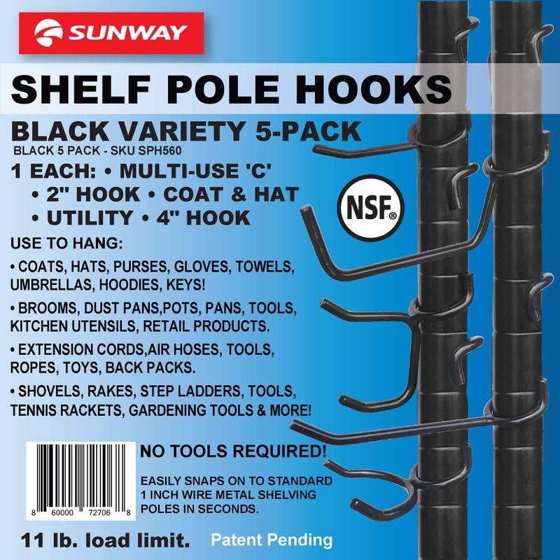 Sunway Shelf Pole Hooks 5-Pack | Black Variety Pack |