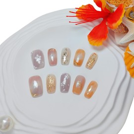 Medium Square Press on Nails Cat Eye Handmade False Nails with Designs, French Tip Short Coffin Reusable Fake Nails (Floral Orange#Small)