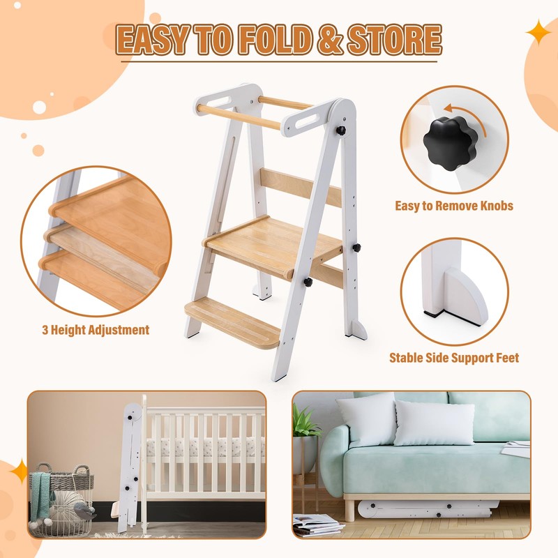 Gewitt Foldable Toddler Kitchen Stool Helper - Adjustable Height Toddler