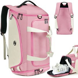 LOKASS Gym Bag for Women-Duffle Sports Bag with Shoe Compartment, Carry On Weekender/Overnight Bag, Waterproof Gym Backpack Travel Bag for Camping (Pink，Large)