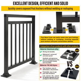 Epcee Aluminum Deck Post Base Cover for 2"x2" Post 4.5"x4.5" Base, Handrail, Stair, Porch, Deck Railing Base Brackets Covers (Black, 1pcs)