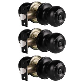 Gobrico 3 Pack Black Round Door Knobs Flat Ball Door Handles for Bathroom Bedroom Lockset Interior Matte Black Privacy Door Knobs Keyless