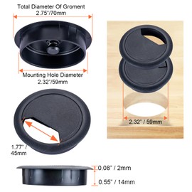 8 Pack 60mm Plastic Desk Cable Grommets, Black Wire Organizer Caps, Round PC Computer Port Cable Hole Cover Plug Bushings, Perfect for Hide Data Cords in Office Desk, TV Stands, Tabletops and More