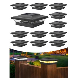 T-SUN 4x4 Fence Post Solar Lights Outdoor Waterproof - Auto Dusk to Dawn Solar Lighting for Deck, Vinyl/Wooden Posts | 12 Pack Weatherproof Warm & Cool White Patio Lights (Black)