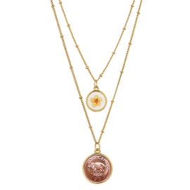 American Coin Treasures Double Chain Necklace Pig Coin Pendant with Dried Flower Charm | Saturn Style 18 and 16 Inch Goldtone Chain | Certificate of Authenticity