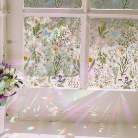 Flortlias Rainbow Suncatcher Floral Window Film, Privacy Iridescent Static Cling Double-Sided Window Decals for Window Door Glass Decor, Vintage Herbs and Botanical Art, 118.11" x 29.52"