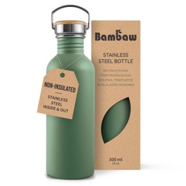 Bambaw Stainless Steel Water Bottle, 500 ml, Green Water Bottle, Non-Insulated Sports Bottle, Children's Metal Bottle, Bicycle Bottle, BPA-Free – Sage Green