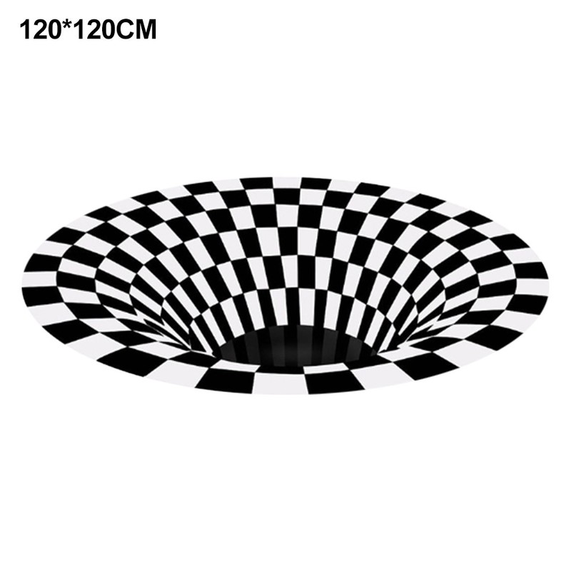 Round Black White Grid Carpet 3D Vortex Room Bedroom Anti