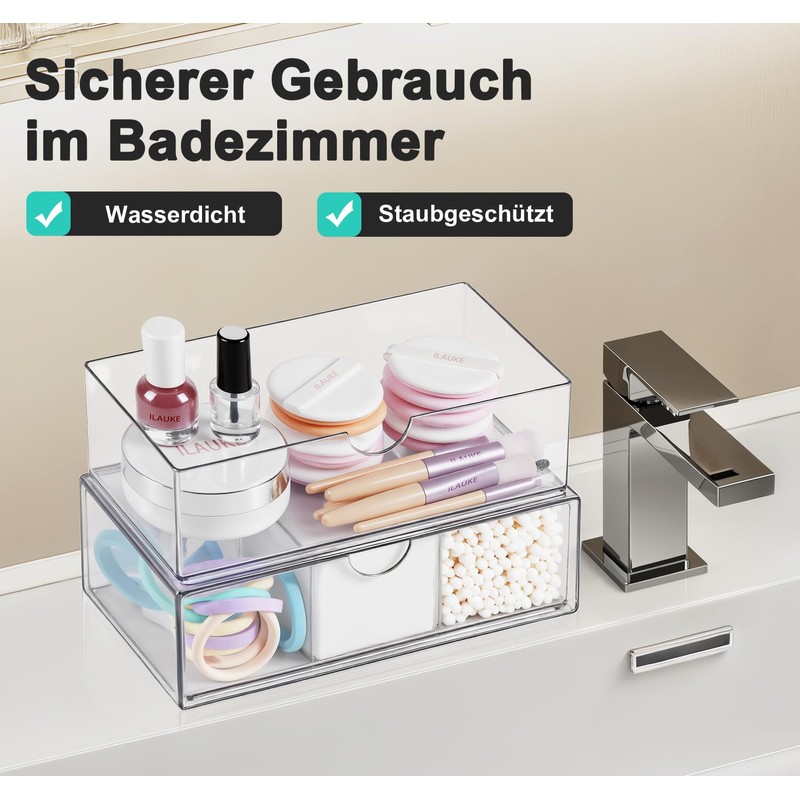 Ilauke Pack of 2 Transparent Drawer Organiser, Stackable Bathroom Organiser
