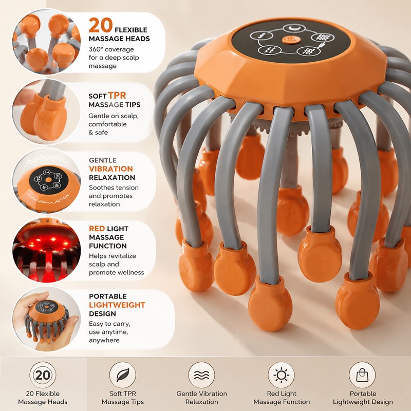 20-Head Scalp Massager for Relaxation – Vibration Head Scratcher with