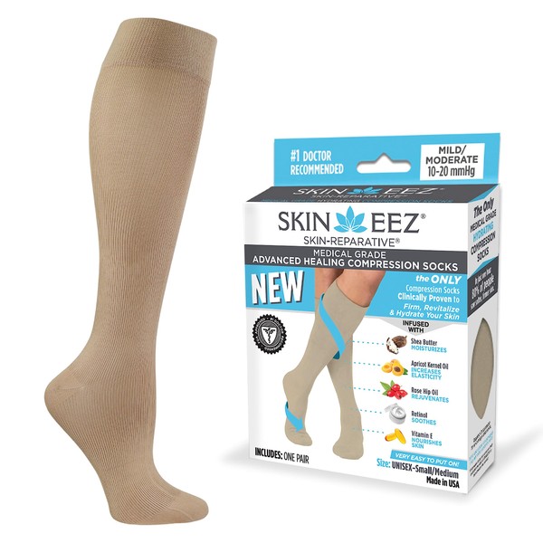 Skineez Medical Grade Advanced Healing Compression Socks 10-20mmHg, Clinically Proven to Firm, Moisturize, and Revitalize Skin, Foot Arch, Heel, and Nerve Pain Relief, Tan, Small/Medium, 1 Pair