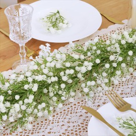 Dolicer 2 Pcs Babys Breath Artificial Flowers Vines, 5.9 FT Faux White Hanging Baby Breath Garland, Real Touch Fake Babys Breath Gypsophila for Wedding Party Backdrop Wall Home Decor