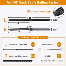 Swage Lag Screws for Cable Railing - 100 Pack Black T316 Stainless Steel Left and Right Handed Thread - 1/8" Cable Railing Hardware Kit for Deck Stair Wood Post Railing System