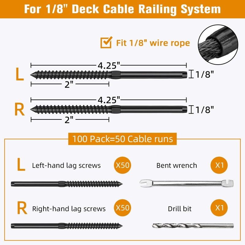 Swage Lag Screws for Cable Railing - 100 Pack Black