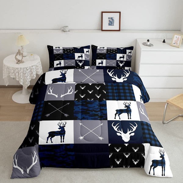 Manfei Camo Deer Antlers Comforter Set Queen, Geometric Plaid Patchwork