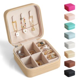 BeBeGee Travel Jewelry Case, Portable Mini Jewelry Travel Organizer, Small Jewelry Boxes for Women, Bridesmaid Gifts and Travel Essentials Accessories to Store Rings, Necklaces, Earrings (6, Beige)