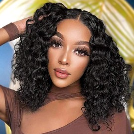ALISFEEL 13*4 Water Wave Lace Front Bob Wigs Human Hair for Black Women Short 13x4 Lace Front Human Hair Bob Wig Pre Plucked Lace Frontal Wigs 150% Density HD Transparent Lace Curly Bob Wigs (12 Inch)