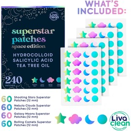 LivaClean 240 Ct Parches Lindos Para Acné Holográficos - Edición Espacial Con Ácido Salicílico Y Aceite De Árbol De Té Para La Cara - Parches Hidrocoloides De Espinilla Estrella