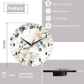 SPUNKER Wall Clock,White Flowers 10 Inch Wall Clock,Rose Peony Leaves Small Battery Operated Wall Clocks Decorative for Kitchen/Living Room/Bedroom/Bathroom/Dining Room