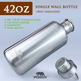 Canteen - Botella de agua de una sola pared de 42 onzas con taza de camping anidada de 24 onzas y bolsa de transporte, acero inoxidable, equipo Bushcraft, botella de agua de boca ancha, equipo