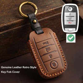 Hontumax Premium Leather Key Fob Cover Case for Kia Sorento Sportage Optima (2014-2020), for Kia Soul Forte (2014-2019), for Kia NIRO Rio Sedona Key Holder (Brown)