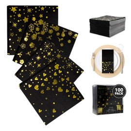 Decorably 100 Pack 3-Ply Cocktail Gold and Black Napkins Disposable - 5x5in 4 Elegant Designs for Tea Party, Garden Party, Birthday, Graduation, Wedding - Appetizers, Beverages