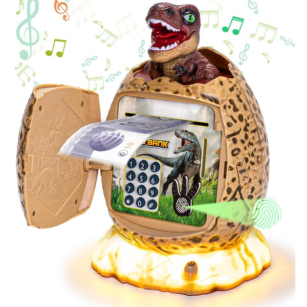 Dinosaur Piggy Bank for Kids Money Box with Lights and Music ATM Password Money Saving Box Electronic Money Bank Toy Christmas Easter Birthday Gifts for 3 4 5 6 7 8 9 10 Years Old (Brown)