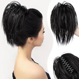 1PCS Messy Bun Hair Piece Claw Clip Hair Bun Wavy Curly Chignon Hair Bun for Women Extensions Tousled Updo Hair Buns Claw Clip Ponytail Hairpieces Scrunchie with Clip for Daily Use (Black)
