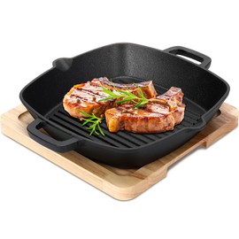 Teenyyou Cast Iron Grill Pan Pre-seasoned 10.5 Inch Square Steak Pan Heavy Duty Cast Iron Griddle with Dual Handles and Wooden Tray for Grilling Bacon, Steak, and Meats, Induction Oven Broiler Safe