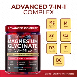 Magnesium Glycinate Gummies for Adults – High-Absorption Glycinate & Malate with Zinc, Vitamin D3, B6 & Taurine – Blueberry & Raspberry Flavours – Vegan, Gelatin-Free – 90 Gummies