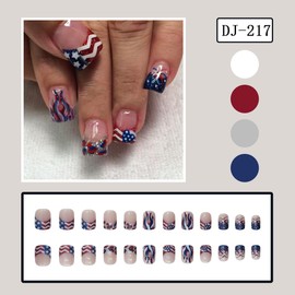 24Pcs Independent Day Press on Nails 4th of July Fake Nails Short Square French Tip False Nails Red White Blue Glitter Glue on Nails Flame Fireworks American Flag Design Artificial Acrylic Nails Kit