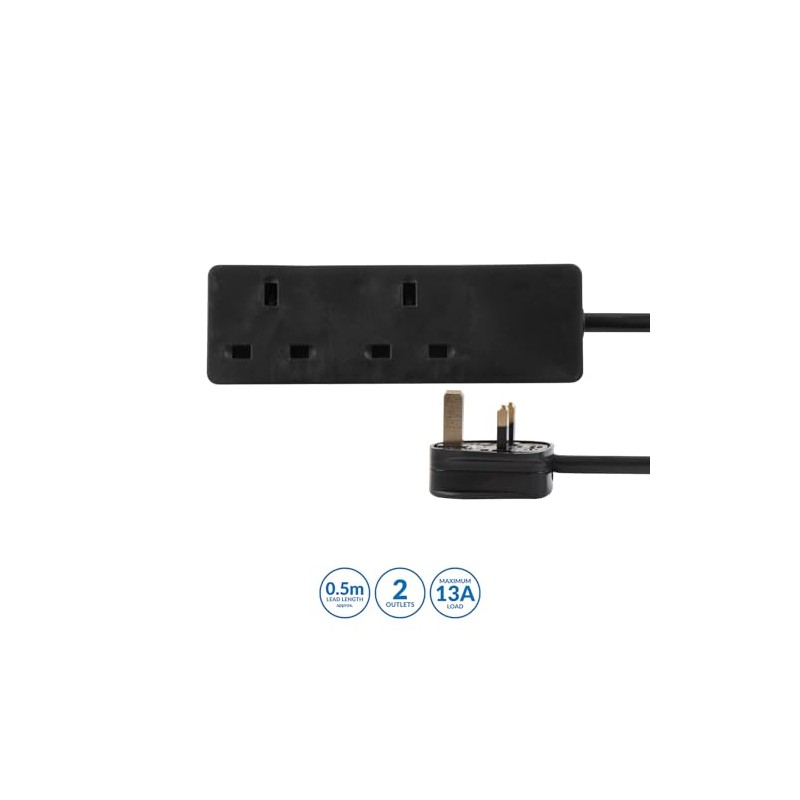 PRO ELEC PRO ELEC PELB1395 2-Gang Extension Lead, 0.5m, Black